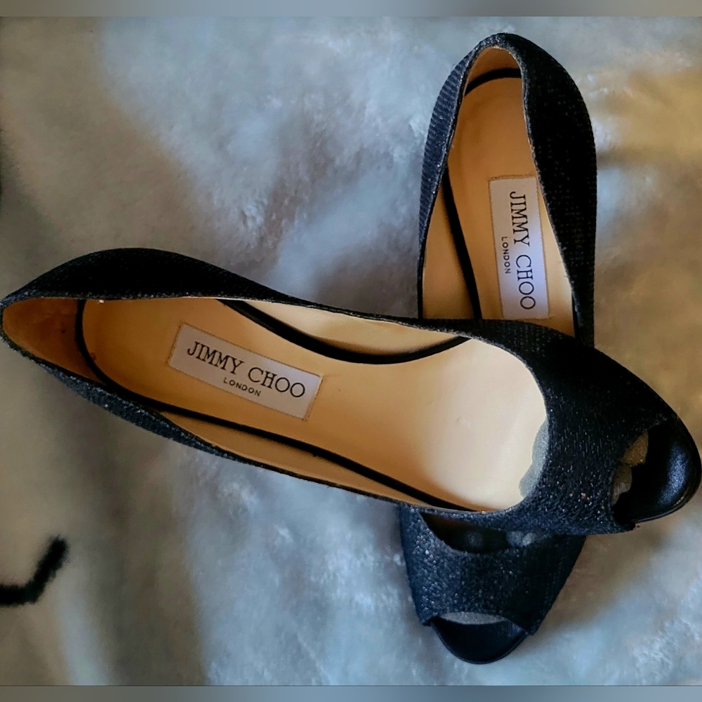 Jimmy Choo Black Sparkle Peep-Toe Heels